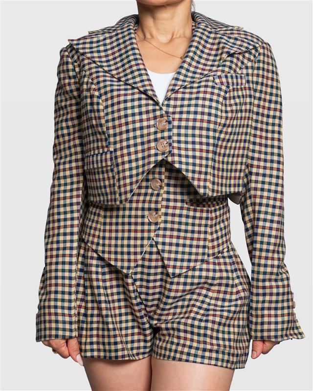 Handmade Brown Plaid Cropped Blazer with V-Back – Limited Edition Vera Argenti