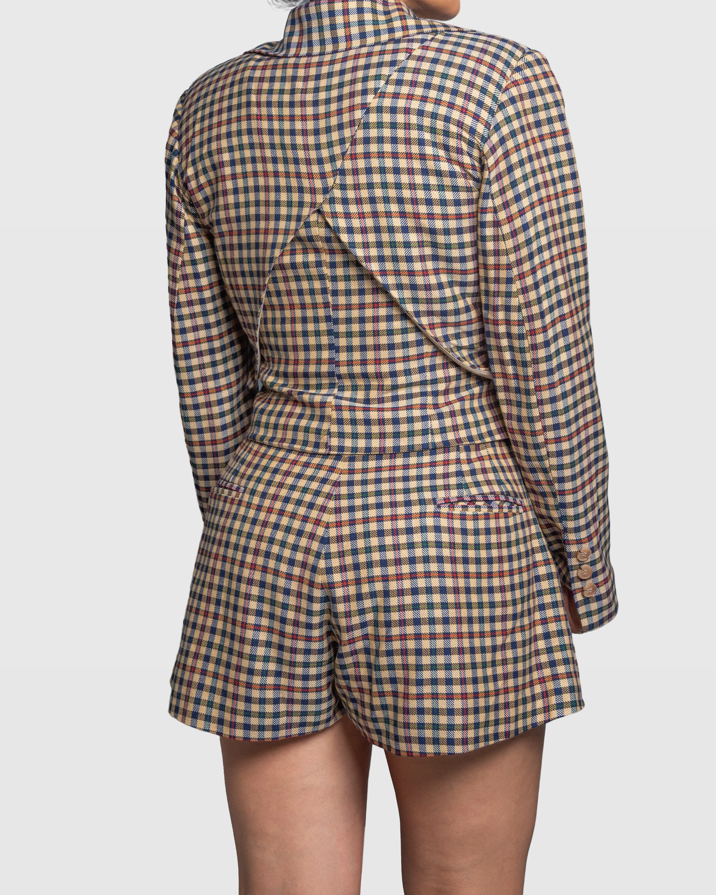Handmade Brown Plaid Cropped Blazer with V-Back – Limited Edition Vera Argenti