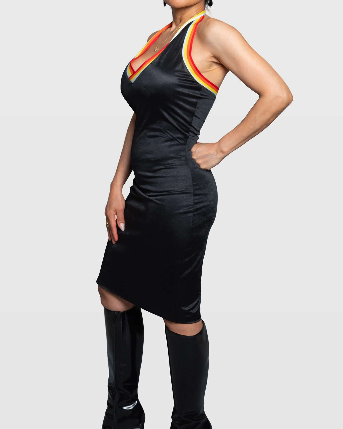 Black Stretch Halter Dress with Contrast Trim & Back Slit – Vera Argenti Limited Edition