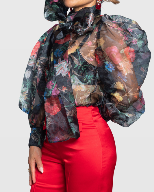 Handmade Oversized Floral Organza Blouse with Puff Sleeves and Scarf Bow – Limited Edition Vera Argenti