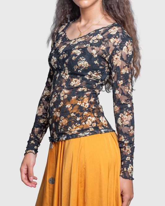 Handmade Mesh Floral Lace Blouse – Elegant Long Sleeve Vera Argenti