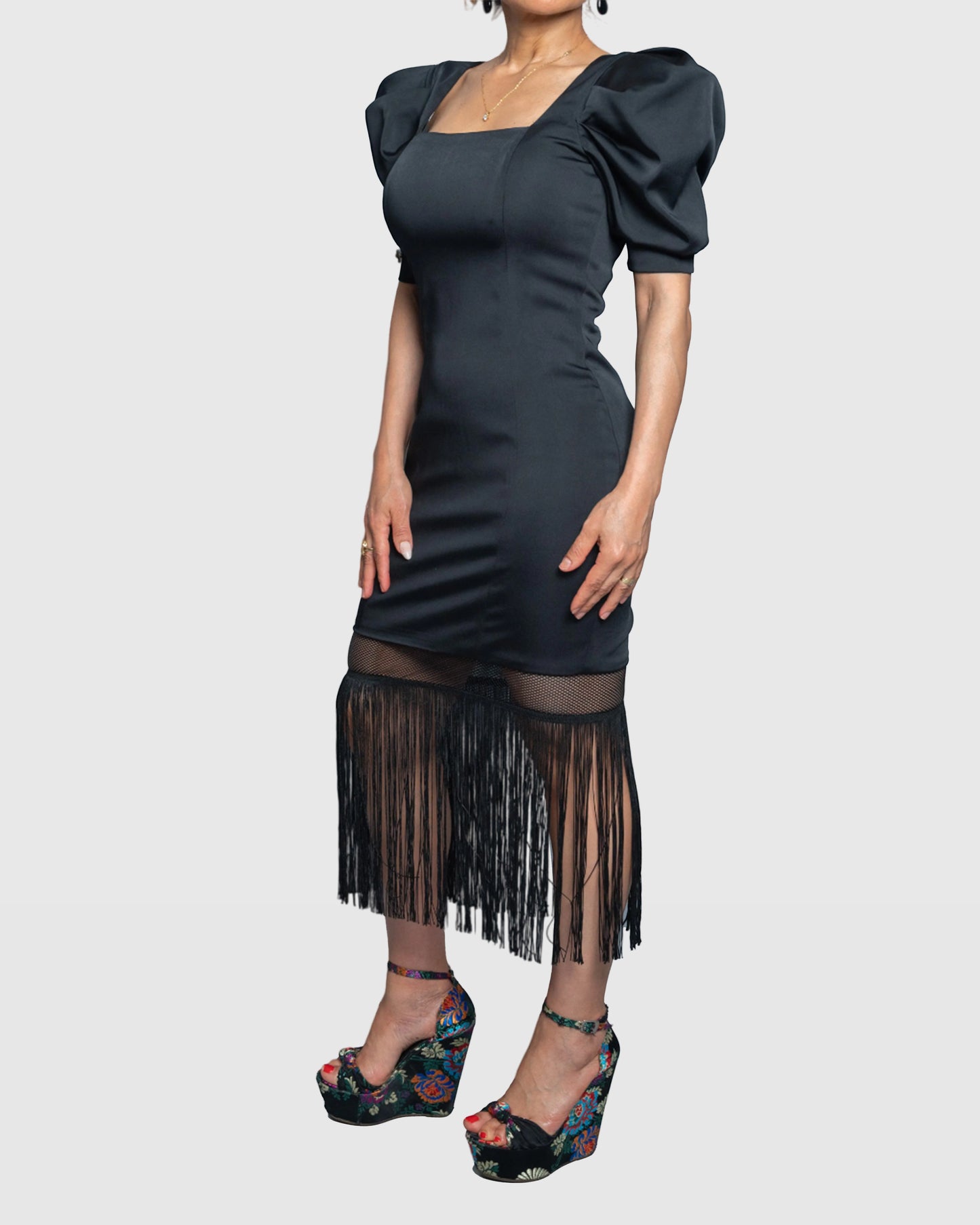 Handmade Black Midi Dress with Puff Sleeves and Fringe Hem – Limited Edition