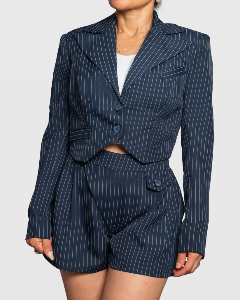 Cropped Pinstripe Blazer with Open-Back Detail---Limited Edition Vera Argenti