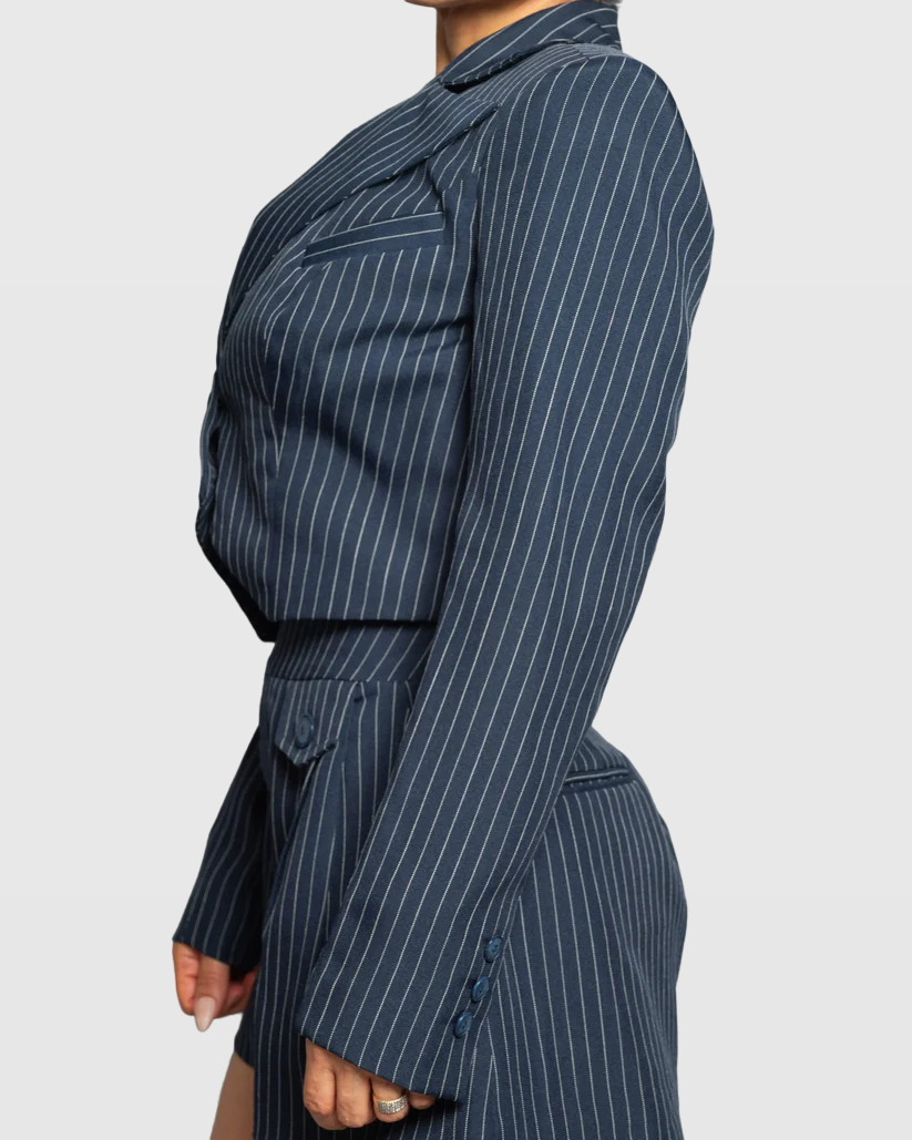 Cropped Pinstripe Blazer with Open-Back Detail---Limited Edition Vera Argenti