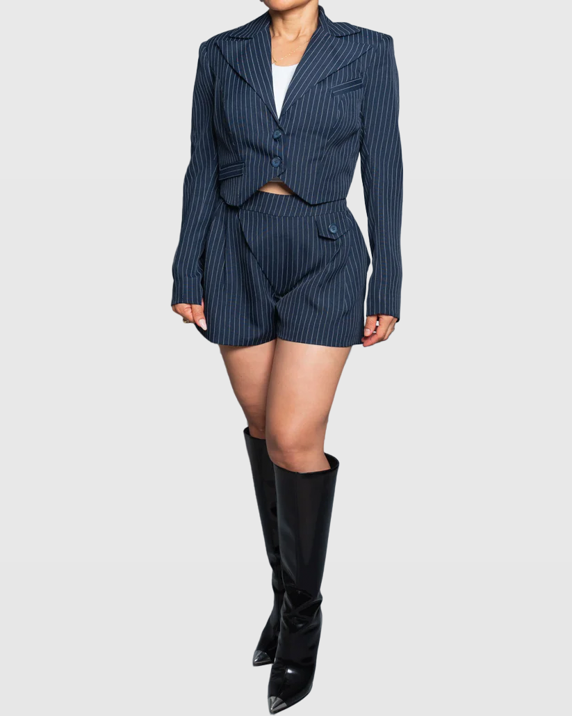 Cropped Pinstripe Blazer with Open-Back Detail---Limited Edition Vera Argenti
