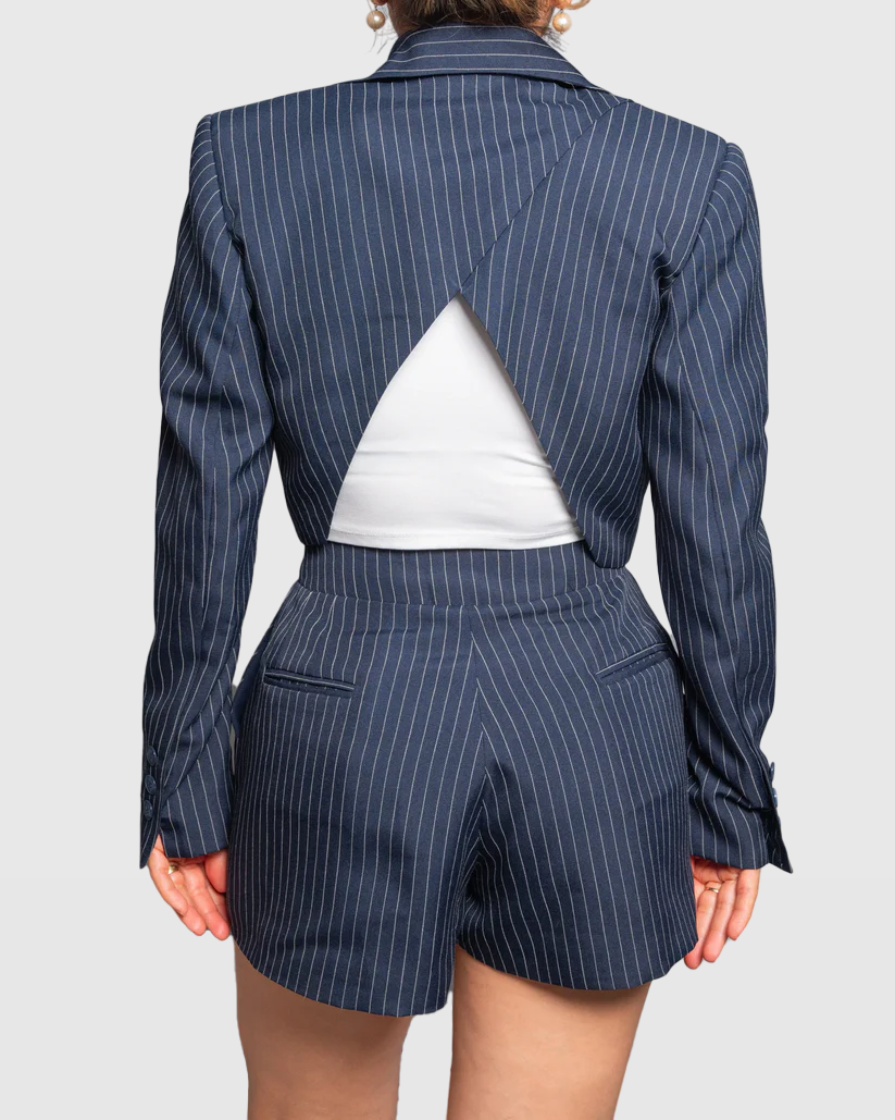 Cropped Pinstripe Blazer with Open-Back Detail---Limited Edition Vera Argenti