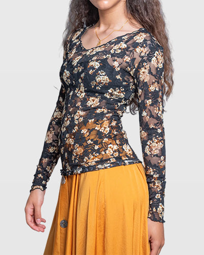 Handmade Mesh Floral Lace Blouse – Elegant Long Sleeve Vera Argenti