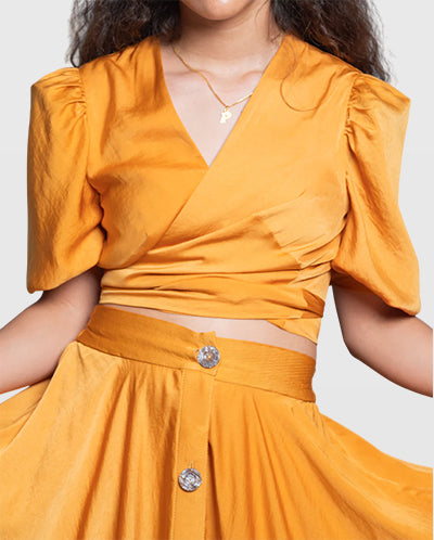 Handmade Mustard Wrap Blouse with Bell Sleeves and Back Tie – Limited Edition
