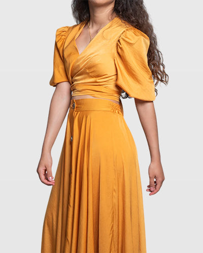 Handmade Mustard Wrap Blouse with Bell Sleeves and Back Tie – Limited Edition