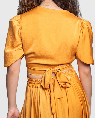 Handmade Mustard Wrap Blouse with Bell Sleeves and Back Tie – Limited Edition
