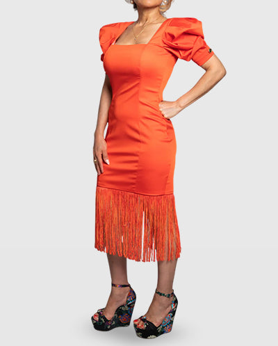Handmade Orange Midi Dress with Puff Sleeves and Fringe Hem – Limited Edition Vera Argenti