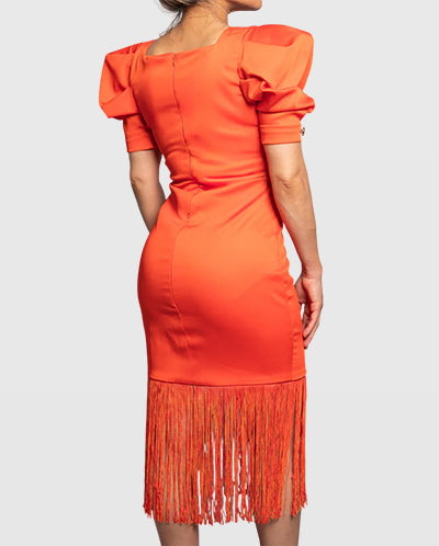 Handmade Orange Midi Dress with Puff Sleeves and Fringe Hem – Limited Edition Vera Argenti