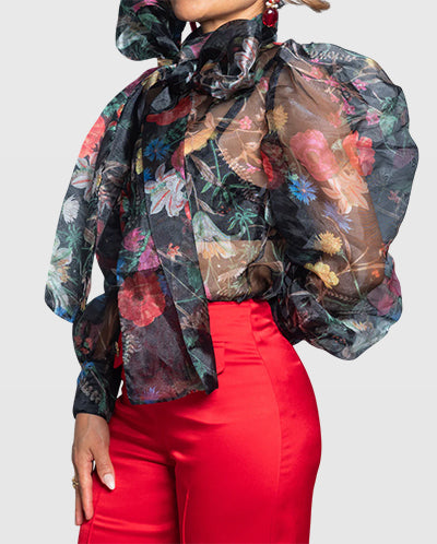 Handmade Oversized Floral Organza Blouse with Puff Sleeves and Scarf Bow – Limited Edition Vera Argenti