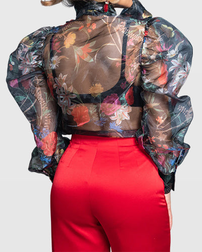 Handmade Oversized Floral Organza Blouse with Puff Sleeves and Scarf Bow – Limited Edition Vera Argenti