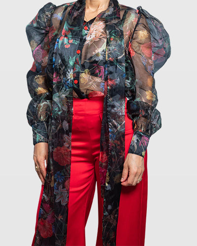 Handmade Oversized Floral Organza Blouse with Puff Sleeves and Scarf Bow – Limited Edition Vera Argenti
