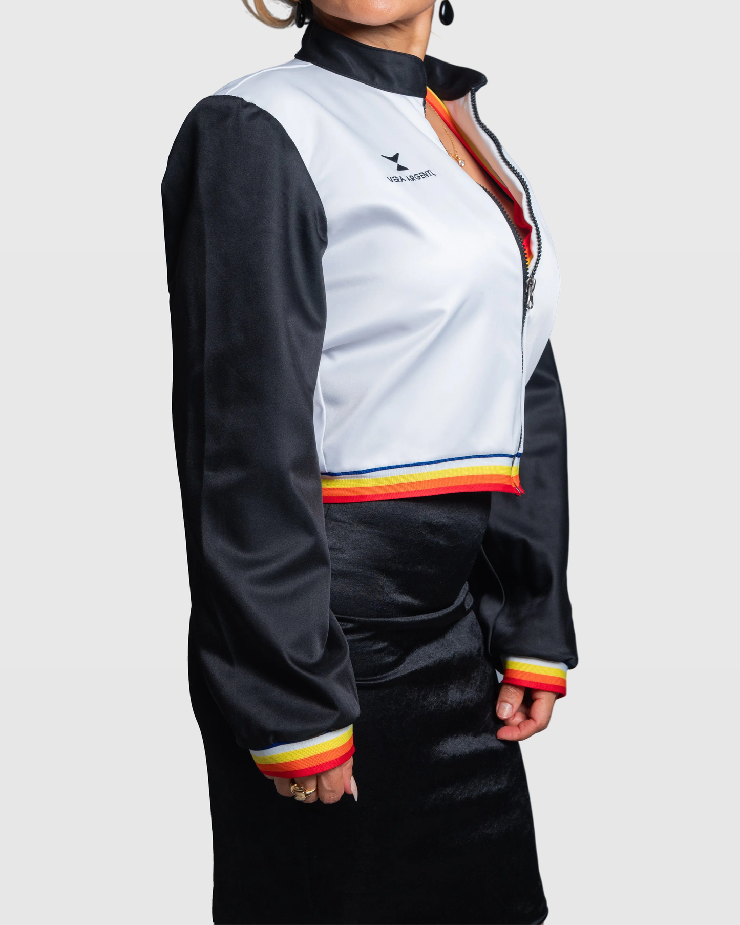 Handcrafted Cropped Jacket with Embroidered Logo & Striped Trim Vera Argenti