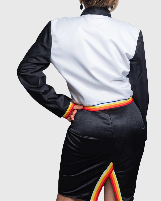 Handcrafted Cropped Jacket with Embroidered Logo & Striped Trim Vera Argenti