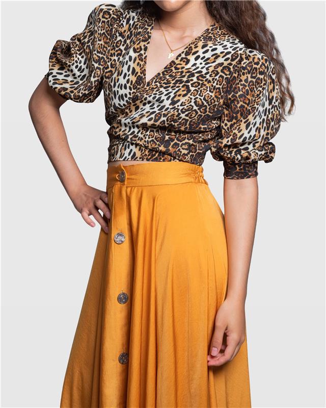 Leopard Wrap Blouse with Puff Bell Sleeves – Vera Argenti Limited Edition