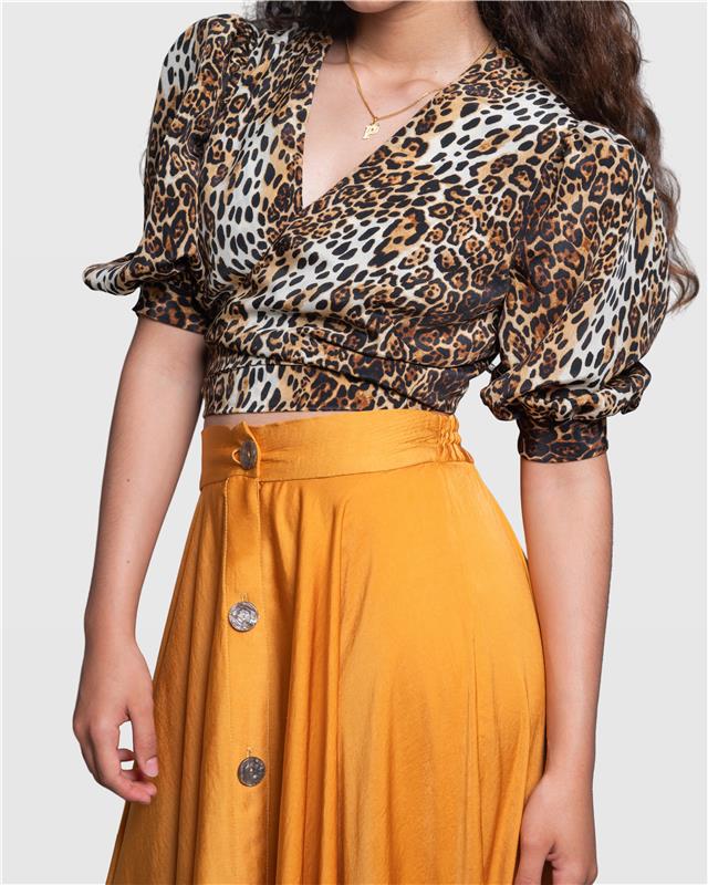 Leopard Wrap Blouse with Puff Bell Sleeves – Vera Argenti Limited Edition