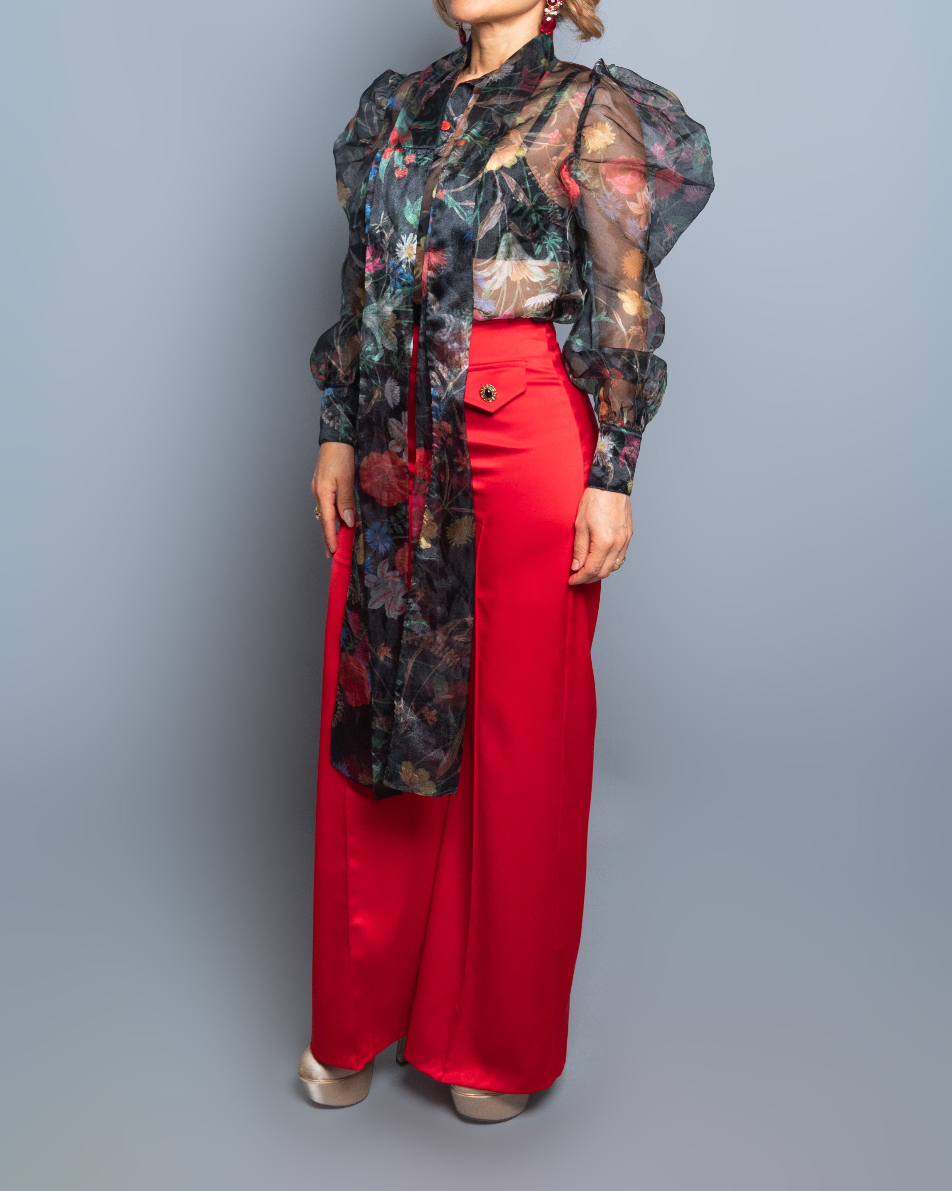 Handmade Oversized Floral Organza Blouse with Puff Sleeves and Scarf Bow – Limited Edition Vera Argenti