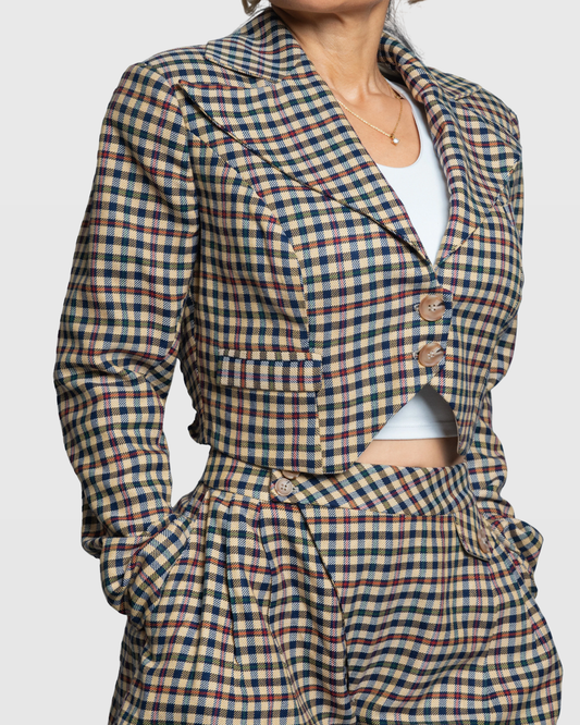 Handmade Brown Plaid Cropped Blazer with V-Back – Limited Edition Vera Argenti