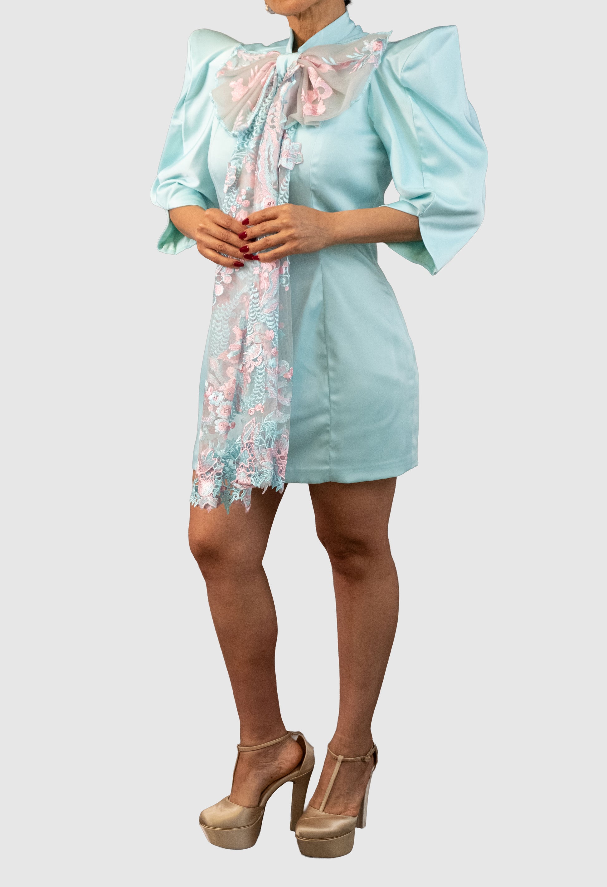 Mini Dress with Pink Embroidered Bow