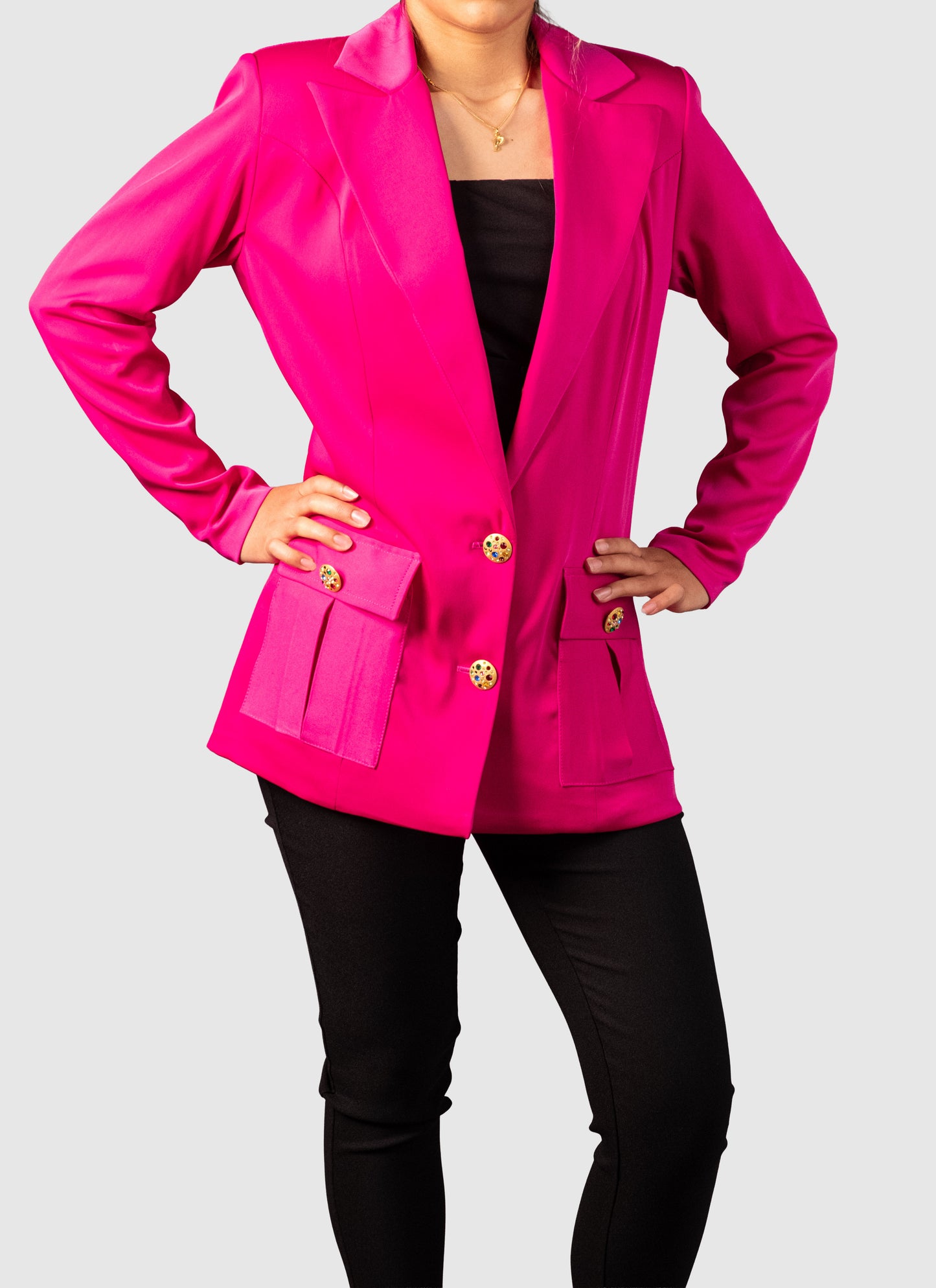 Fuchsia Peau de Soie Blazer with Gold Buttons – Limited Edition