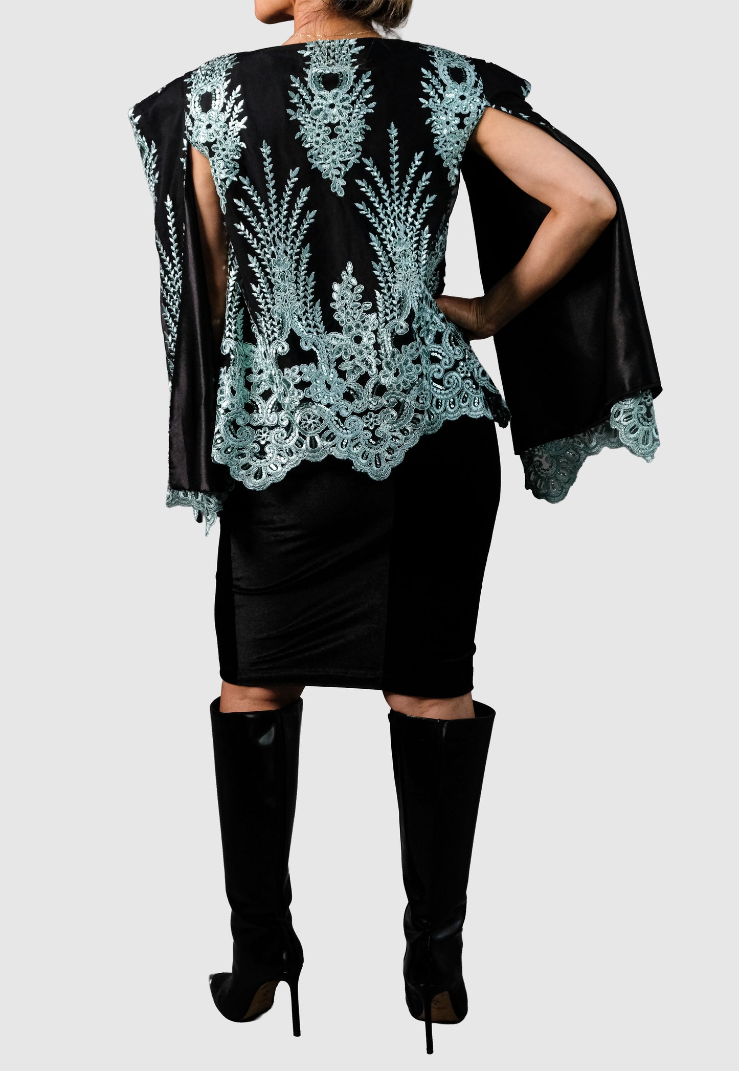 Black & Mint Embroidered Mesh