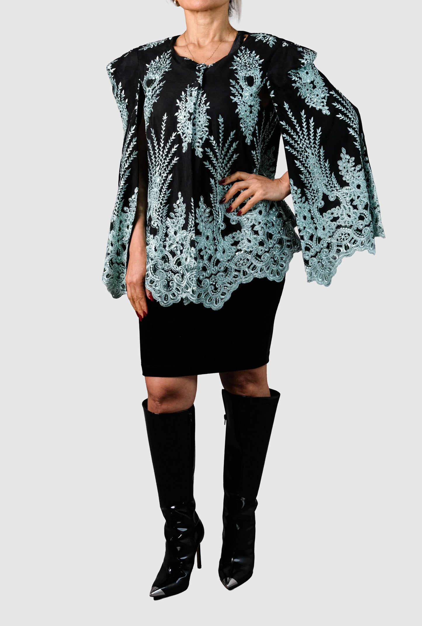 Black & Mint Embroidered Mesh