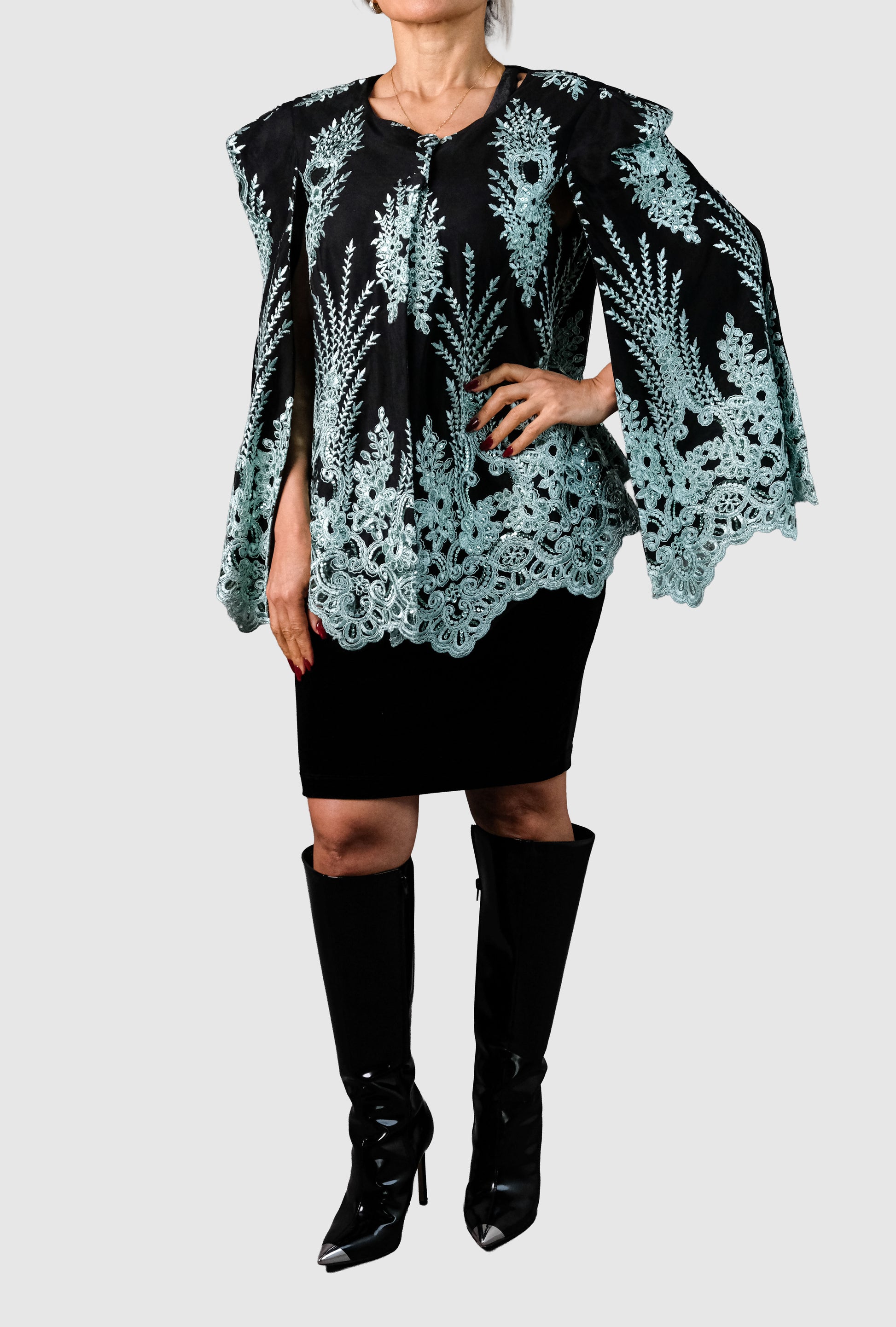 Black & Mint Embroidered Mesh