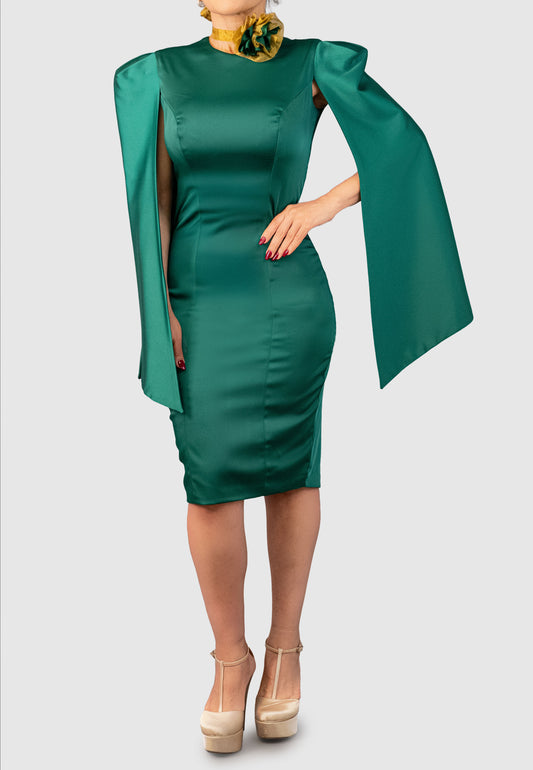 Emerald Peau Cape-Sleeve Dress