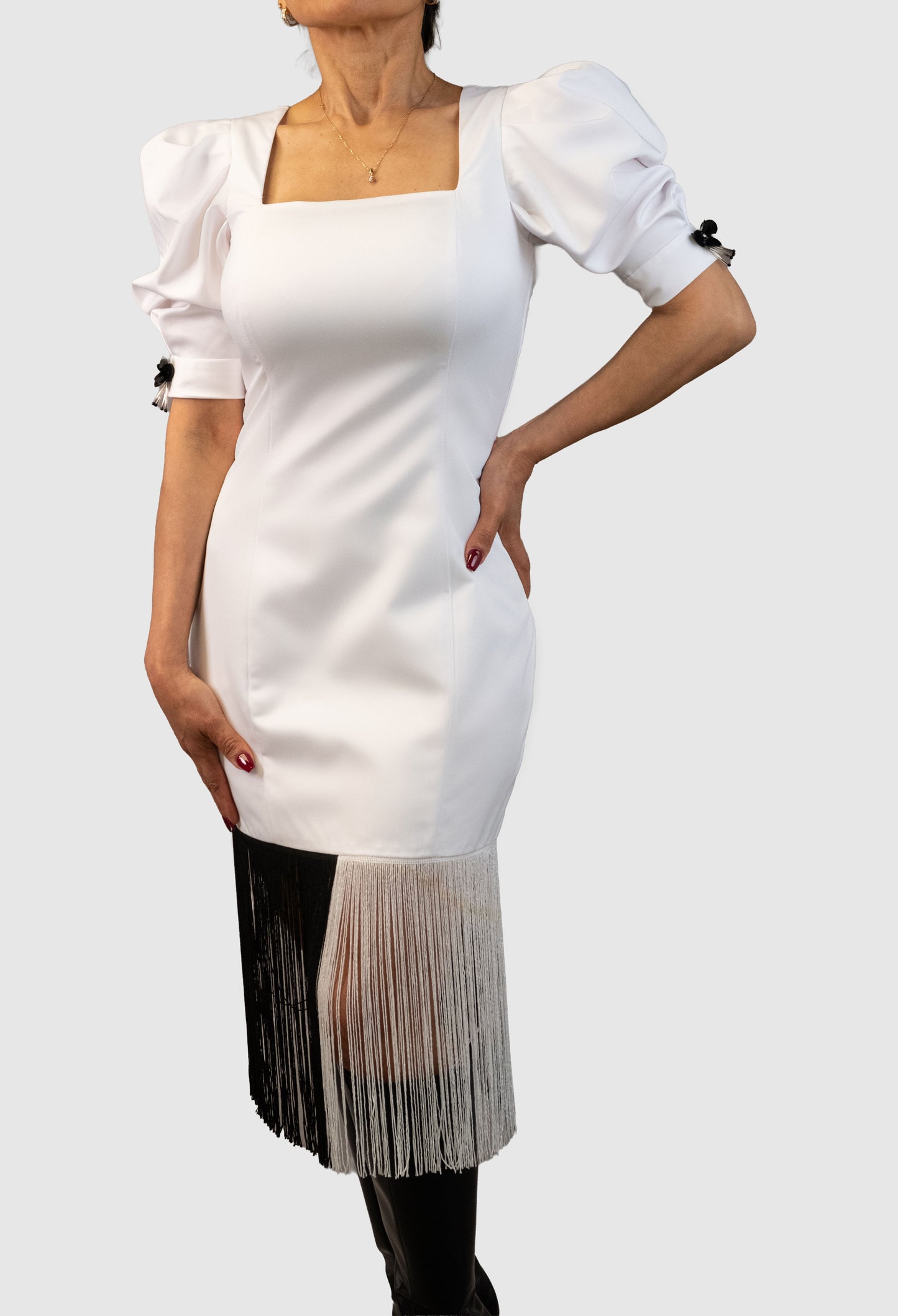 White Peau de Soie Dress with Dual-Tone Fringe Hem – Limited Edition