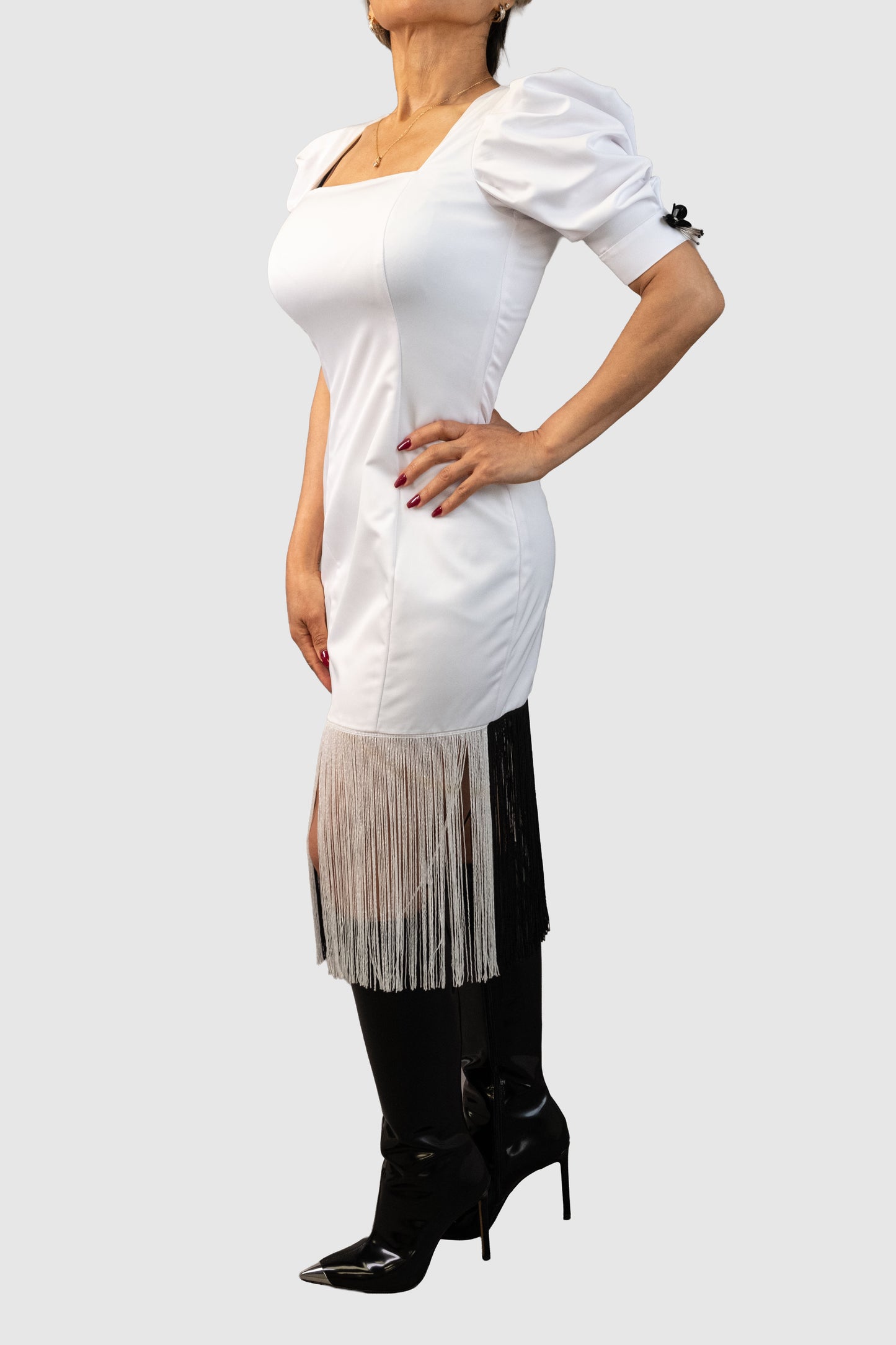 White Peau de Soie Dress with Dual-Tone Fringe Hem – Limited Edition