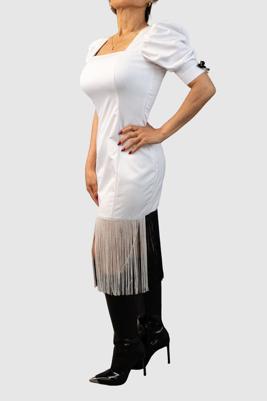 White Peau de Soie Dress with Dual-Tone Fringe Hem – Limited Edition