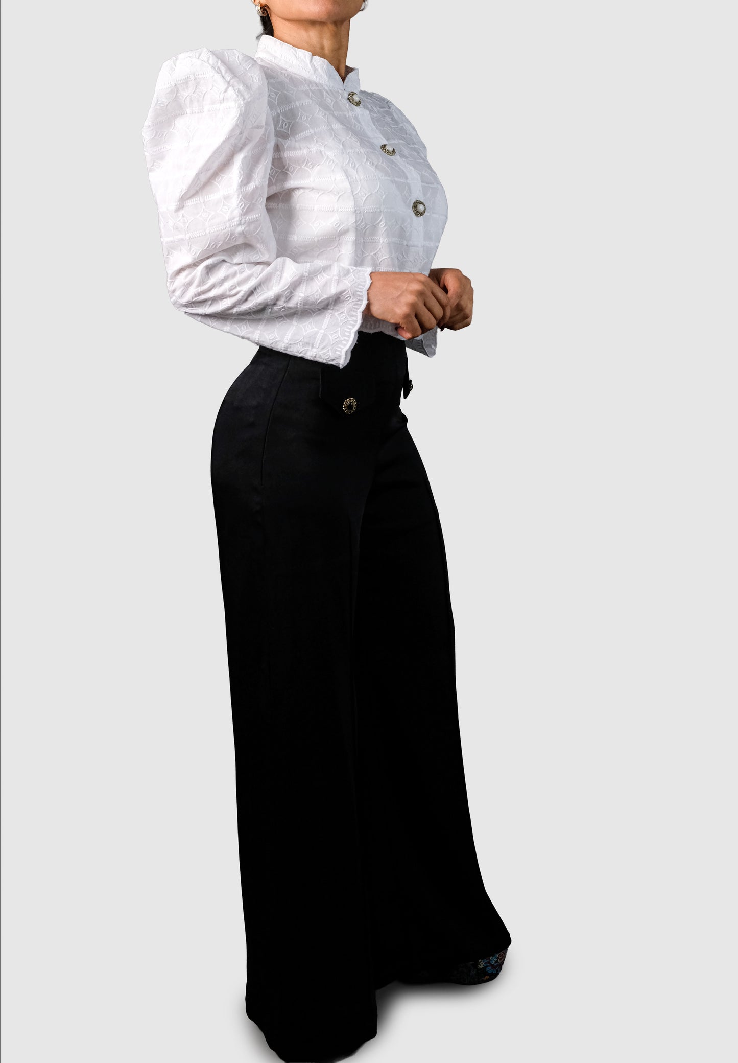 White Embroidered Opal Cotton Blouse with Vintage Buttons – Limited Edition