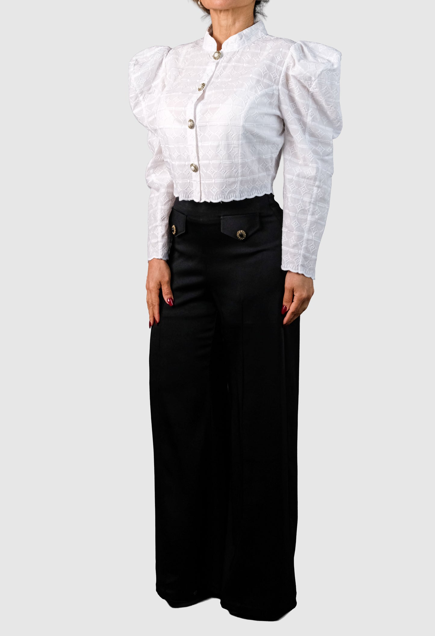 White Embroidered Opal Cotton Blouse with Vintage Buttons – Limited Edition