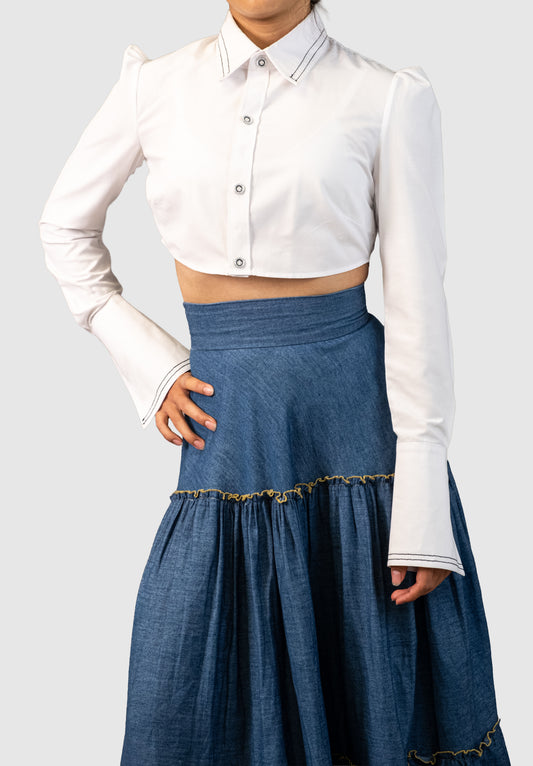White Cropped Long-Sleeve Shirt with Contrast Stitching –