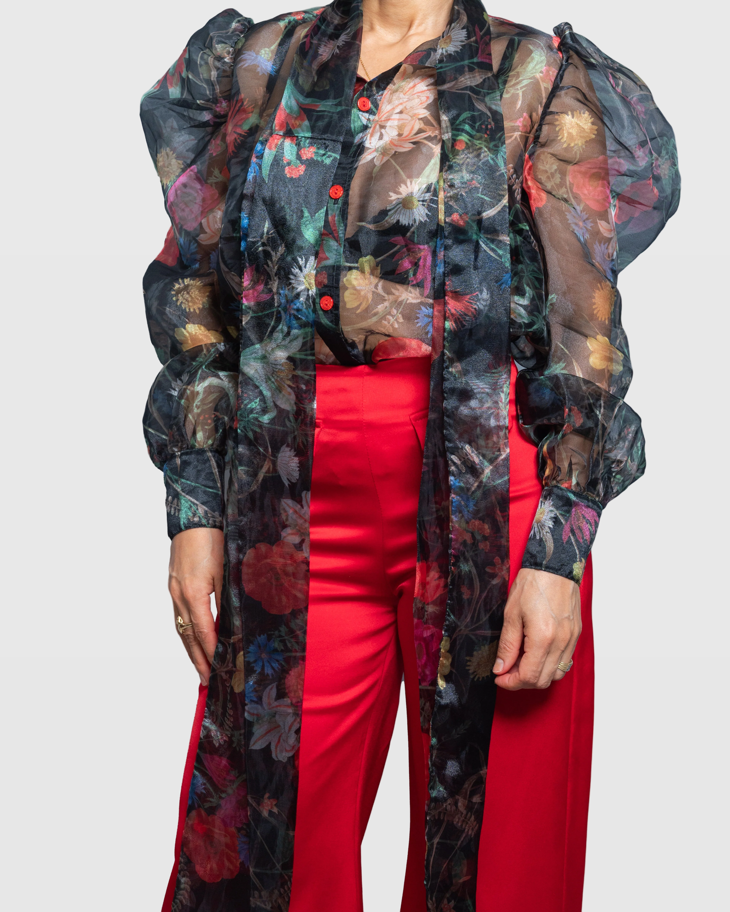 Handmade Oversized Floral Organza Blouse with Puff Sleeves and Scarf Bow – Limited Edition Vera Argenti
