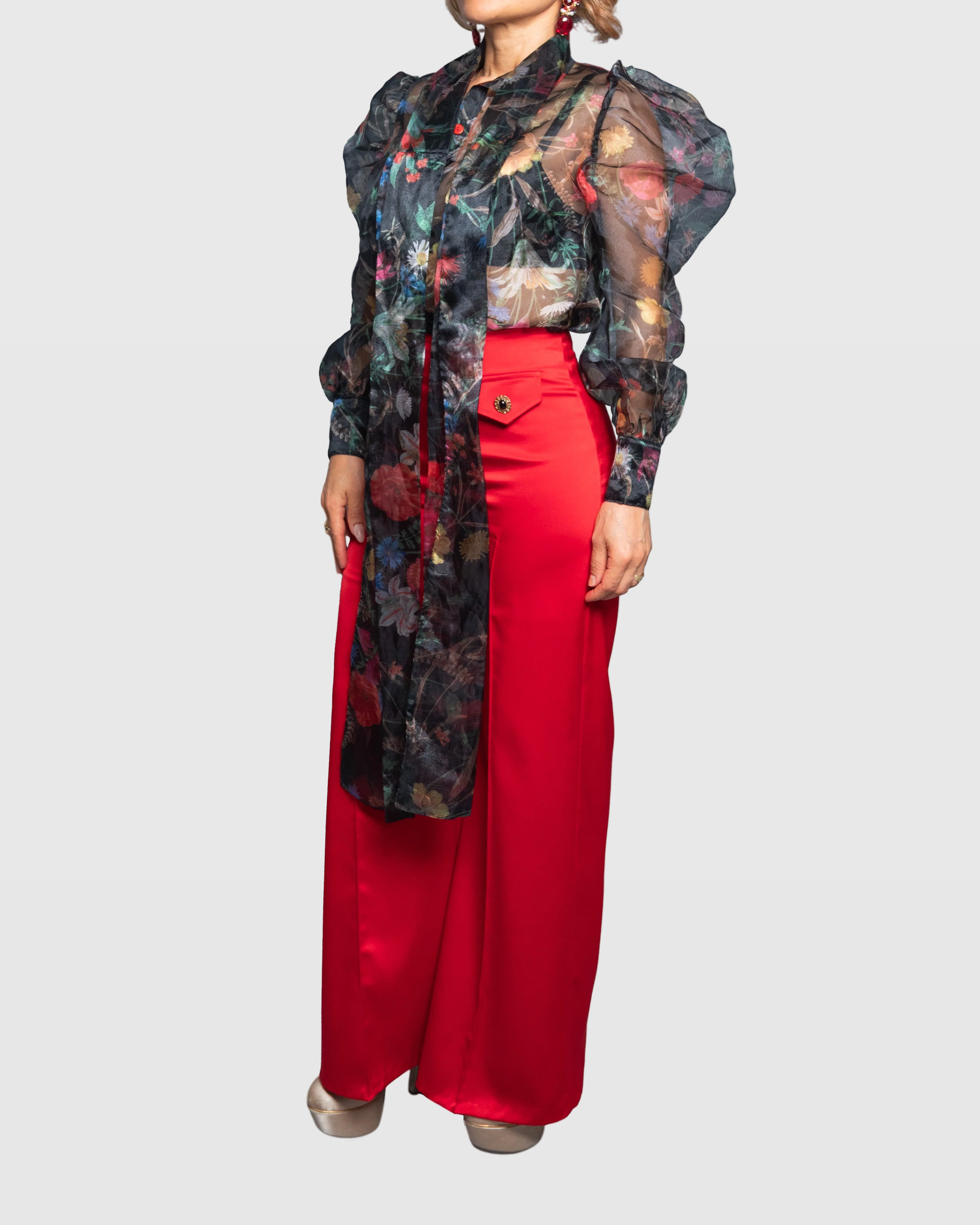 Handmade Oversized Floral Organza Blouse with Puff Sleeves and Scarf Bow – Limited Edition Vera Argenti