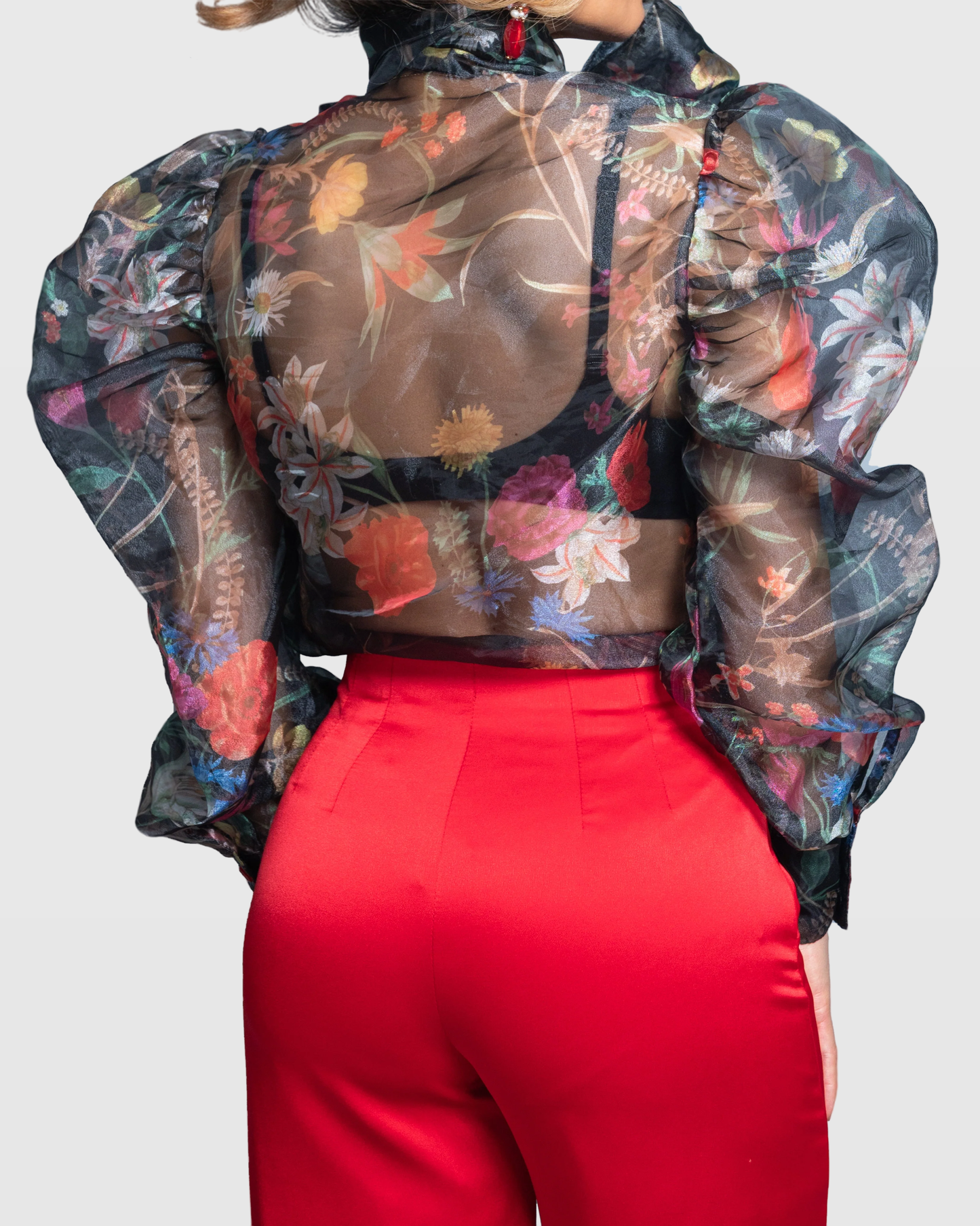 Handmade Oversized Floral Organza Blouse with Puff Sleeves and Scarf Bow – Limited Edition Vera Argenti