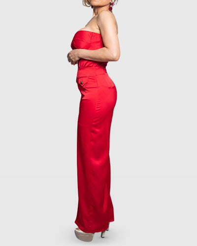 Handmade Red Peau de Soie Wide-Leg Pants with Decorative Button Detail – Limited Edition Vera Argenti