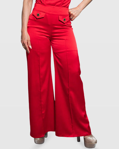 Handmade Red Peau de Soie Wide-Leg Pants with Decorative Button Detail – Limited Edition Vera Argenti