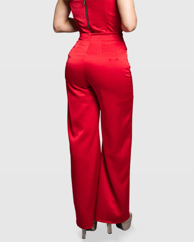 Handmade Red Peau de Soie Wide-Leg Pants with Decorative Button Detail – Limited Edition Vera Argenti