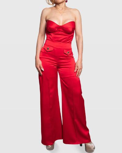 Handmade Red Peau de Soie Wide-Leg Pants with Decorative Button Detail – Limited Edition Vera Argenti