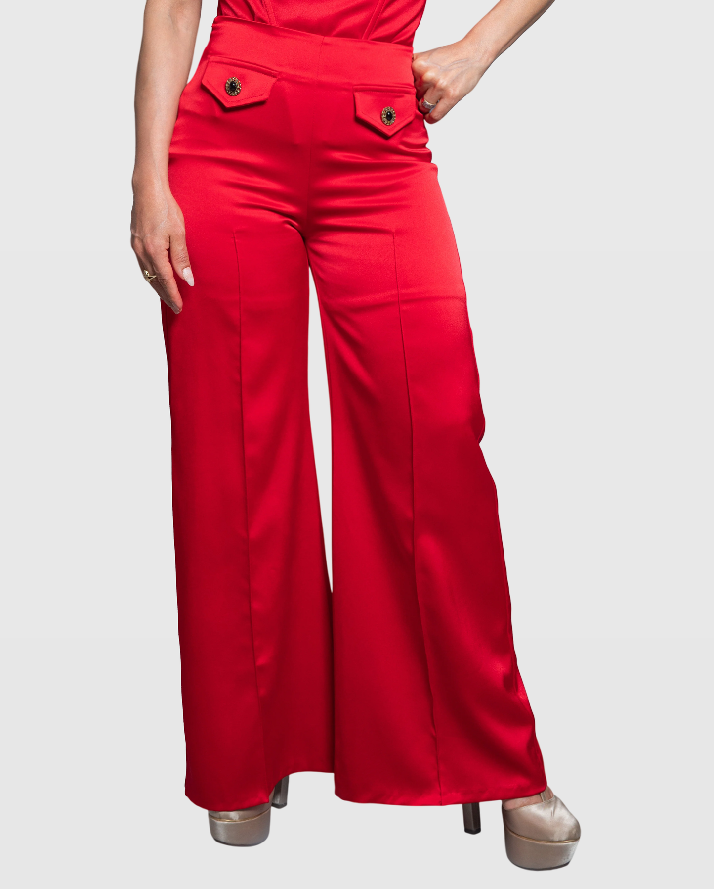 Handmade Red Peau de Soie Wide-Leg Pants with Decorative Button Detail – Limited Edition Vera Argenti