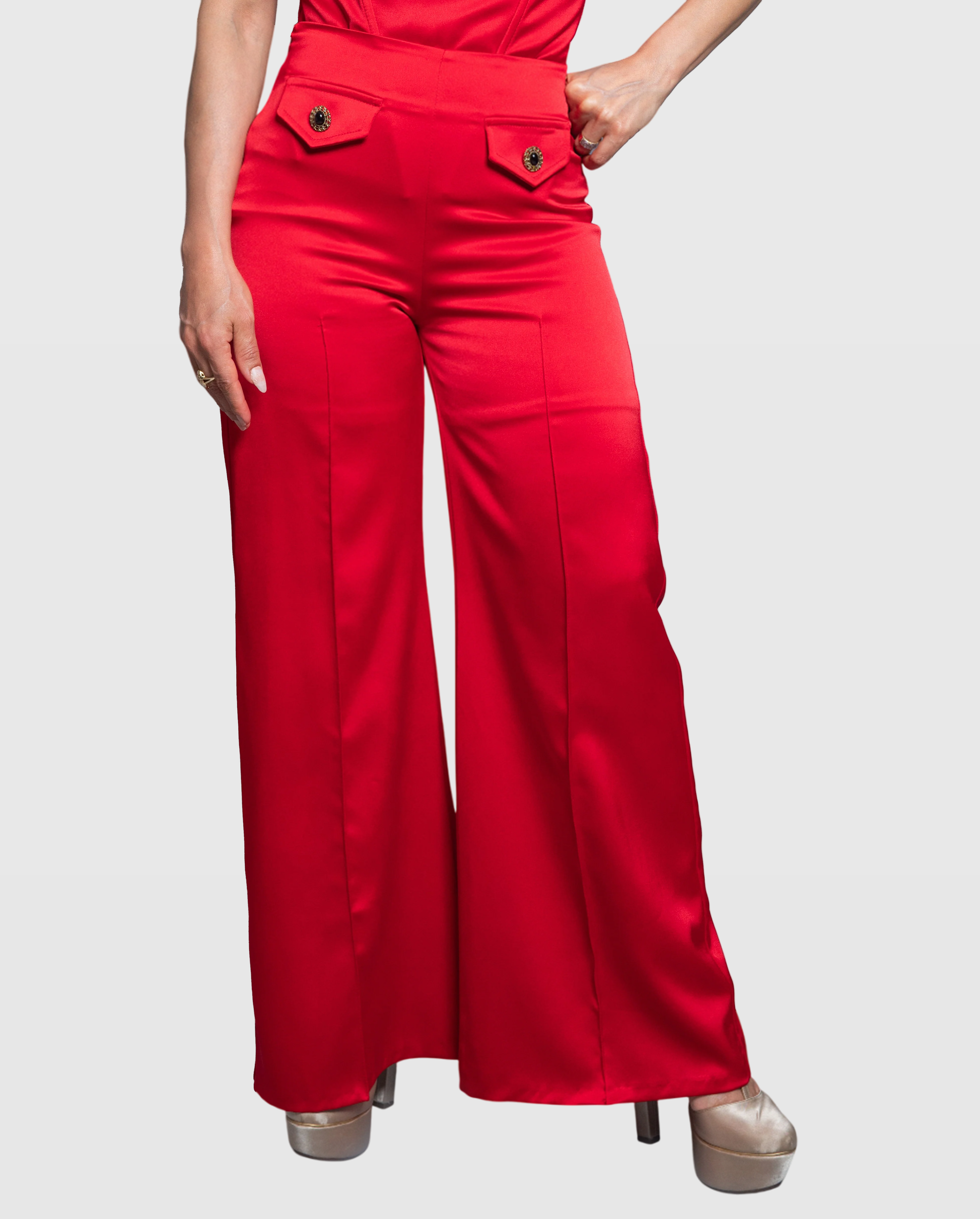 Handmade Red Peau de Soie Wide-Leg Pants with Decorative Button Detail – Limited Edition Vera Argenti