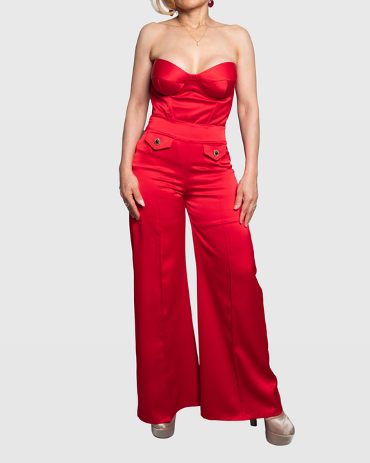 Handmade Red Peau de Soie Wide-Leg Pants with Decorative Button Detail – Limited Edition Vera Argenti