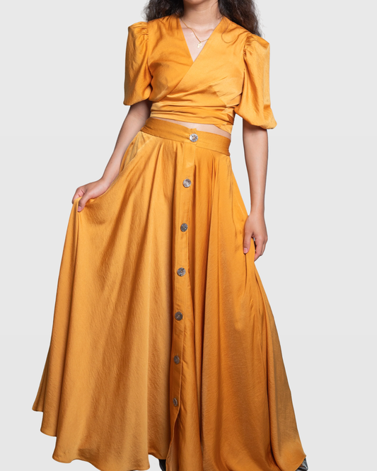 Handmade Mustard Wrap Blouse with Bell Sleeves and Back Tie – Limited Edition