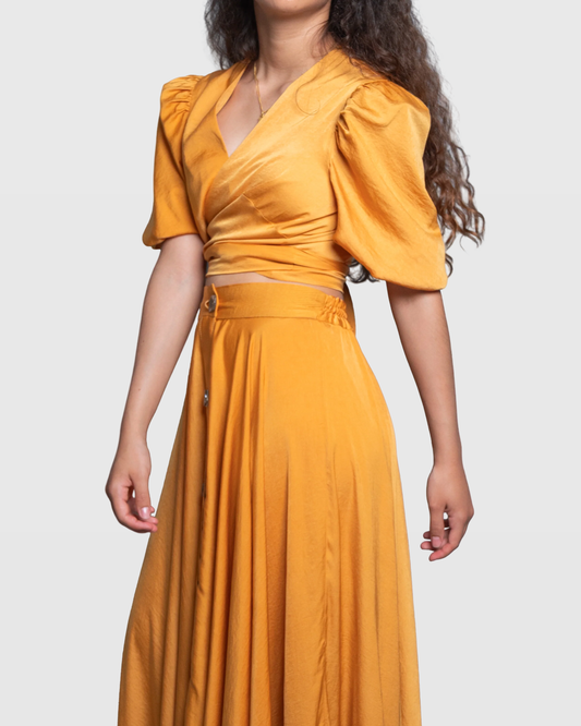 Handmade Mustard Wrap Blouse with Bell Sleeves and Back Tie – Limited Edition