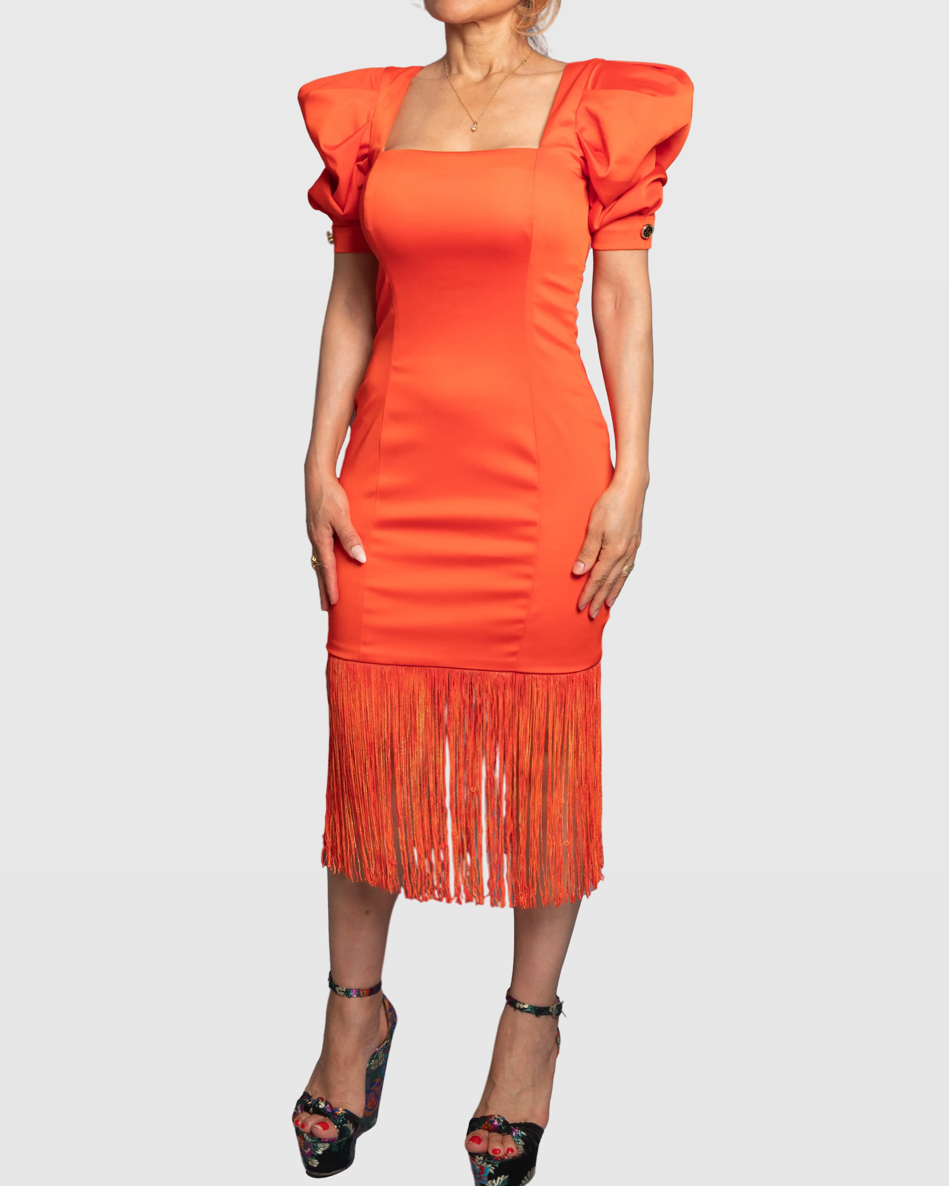 Handmade Orange Midi Dress with Puff Sleeves and Fringe Hem – Limited Edition Vera Argenti